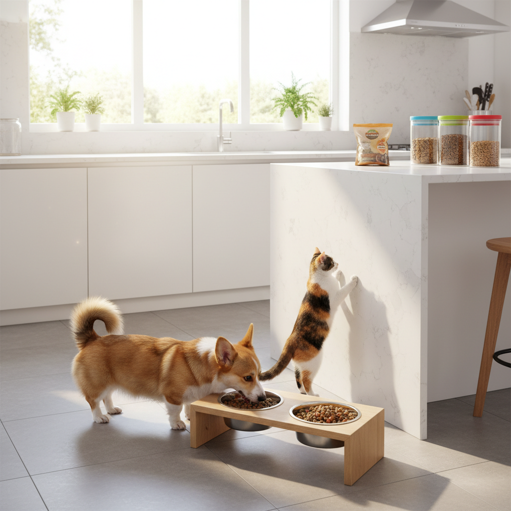 A bright, modern kitchen featuring a sleek feeding station with stainless steel bowls set into a light oak stand, filled with premium kibble and fresh water. A small corgi with a fluffy tail eats eagerly from one bowl while a curious calico cat peers over the edge of the counter at an open bag of treats and a line of colorful food containers. Morning sunlight streams through a large window, creating crisp reflections on the metal bowls and soft shadows across the tiled floor. Photographic realism, eye-level composition, and a vibrant, playful atmosphere highlight the practicality and style of the pet supplies in everyday home life.