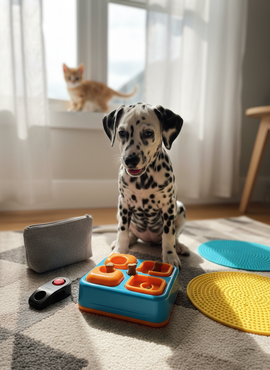 A vibrant, photographic shot of a playful puppy training session in a living room. A spotted Dalmatian puppy sits attentively on a soft, patterned rug, focused on a treat-dispensing puzzle toy in front of it. Around the pup, neatly arranged training tools include a clicker, small treat pouch, and colorful silicone training mats. A curious tabby kitten watches from a nearby window ledge. Bright afternoon sunlight streams through sheer curtains, creating lively highlights and gentle shadows. Captured from a low, eye-level angle with shallow depth of field, the image feels energetic and optimistic, emphasizing smart training supplies in a warm, family-style home interior.
