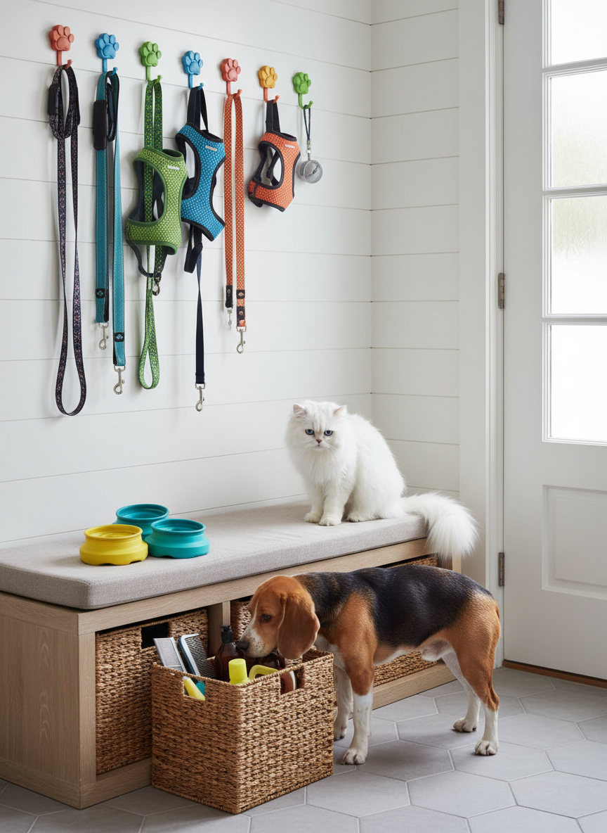 A tidy hallway mudroom transformed into a pet-care station, with wall hooks holding colorful leashes, harnesses, and collapsible travel bowls. Below, a sleek bench with storage baskets reveals neatly organized grooming tools, brushes, and pet shampoos. A curious beagle sniffs at an open basket while a fluffy white cat observes from the top of the bench, its tail draped elegantly. Soft, diffused natural light enters through a frosted door window, creating a clean, bright look with subtle shadows. Photographic realism, eye-level framing, and sharp focus throughout convey an organized, playful atmosphere that emphasizes practical pet accessories within a stylish home.