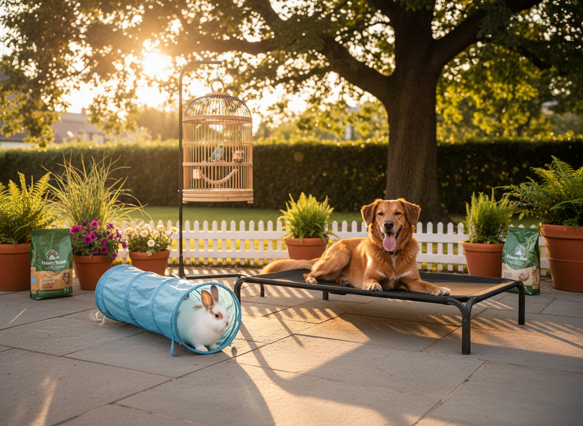 A sunlit backyard patio scene with an elevated dog bed made of breathable mesh and sturdy metal legs positioned on smooth stone pavers. A medium-sized mixed-breed dog lounges comfortably on the bed, tongue out, while a rabbit explores a nearby play tunnel and a parakeet in a stylish outdoor cage perches contentedly. Potted plants and a low garden fence frame the scene. Late afternoon golden hour light creates warm highlights on fur and feathers and long, soft shadows. Photographic realism, wide-angle composition, and a cheerful, energetic mood highlight a variety of outdoor pet supplies in a relaxed home environment.