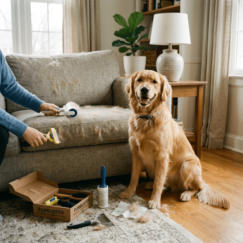 Golden retriever beside grooming tools while a person removes fur from a sofa